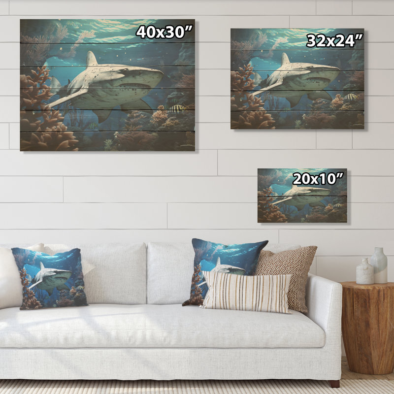 Coral Sharks Ballet - Coastal Coral Under Water Wood Wall Art On Natural Pine Wood, 30" H x 40" W