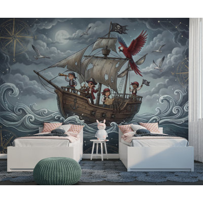 Pirate Ship Wallpaper Moonlit Ocean Compass Rose Wall Mural