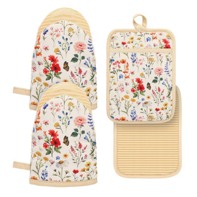 Ensemble de 4 mitaines de four et porte-casseroles Wildflower 4 pièces Gants de cuisine en silicone
