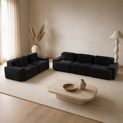 A modular deep-seat sofa set with a two-seater + three-seater combination, crafted with Corduroy Fabric, Pearl-like piping, Tufted Design, No Assembly
