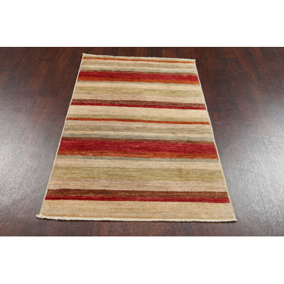 Tapis rouge / beige en laine noué à la main de conception unique 3 pi 1 po x 5 pi 2 po New Age