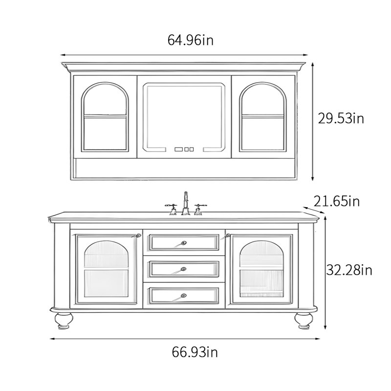 Simple medieval style bathroom cabinet, 32.28" H x 66.93" W x 21.65" D