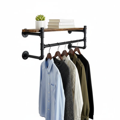 24" Wall-Mounted Clothes Rack with Shelf, Heavy-Duty Iron Pipe Garment Rod