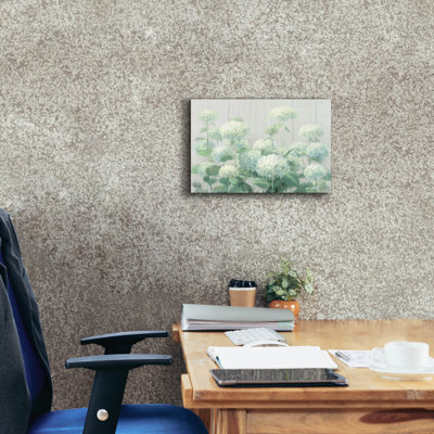 Epic Graffiti 'White Hydrangea Garden Sage On Wood C'  by Danhui Nai Canvas Wall Art