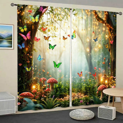 2Pcs Magical Forest Butterfly Curtains, Enchanting Fairy Garden Mushroom Print, Twinkling Lights Design, Light Filtering and Privacy Protection, Rod Pocket, Ideal for Bedroom, Living Room, Teen Home Decor