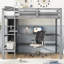 Lit mezzanine double gris avec bureau intégré et tablettes multifonctionnelles, base en bois de pin, structure sans poupée