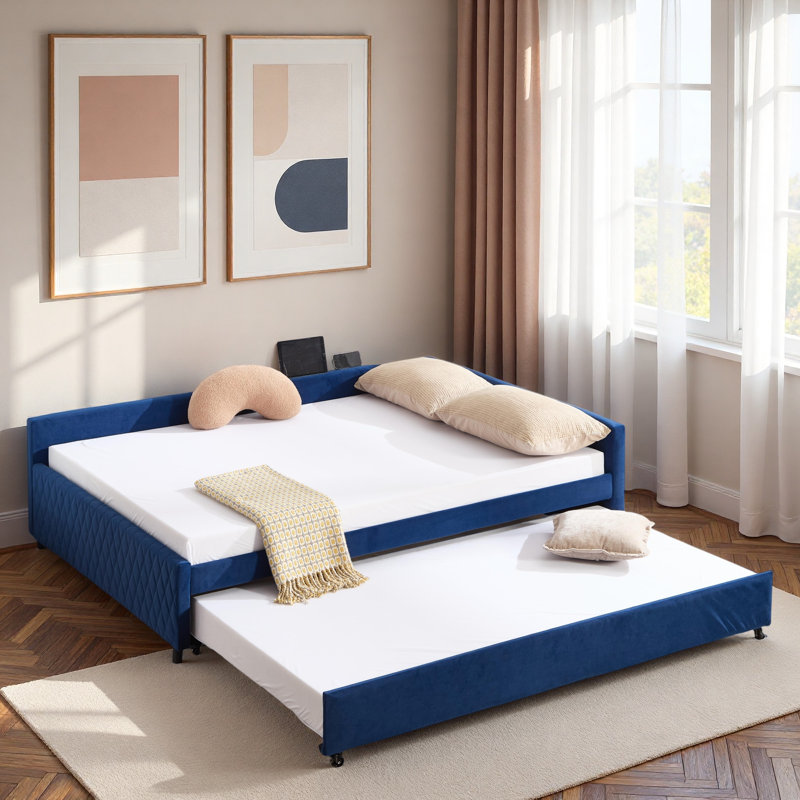 Upholstered Daybed With Trundle And Usb, Navy
