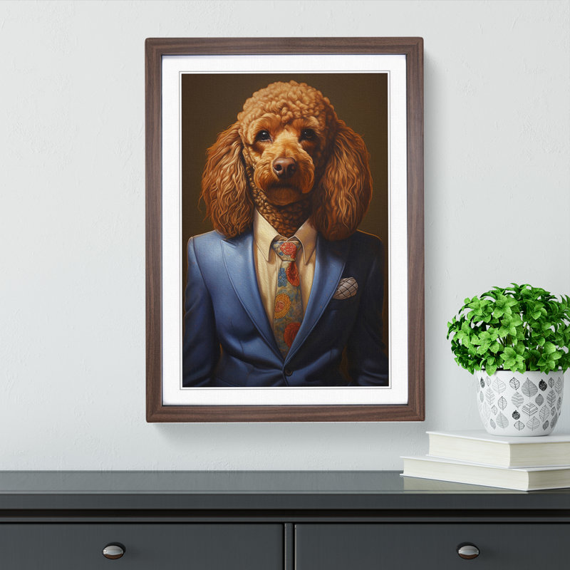 Poodle In A Suit - Single Picture Frame Print on Wood, 46cm H x 34cm W x 2cm D, Walnut