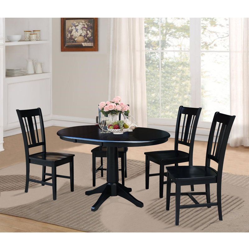 Ensemble de salle à manger en bois massif Aurich, Noir, 5 pièces : 1 table, 4 chaises
