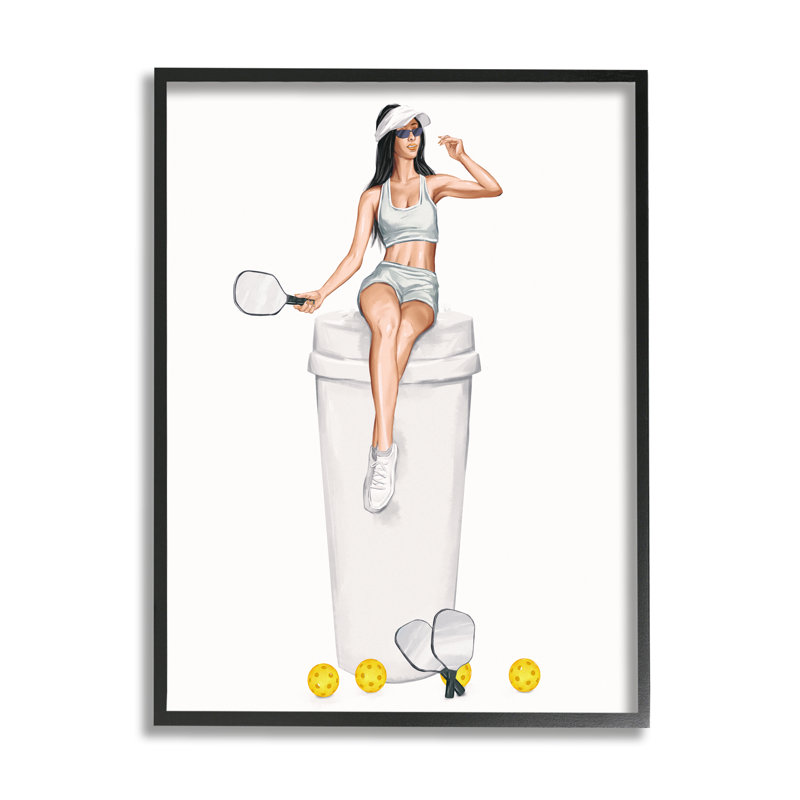 «Athletic Tennis Girl Coffee Cup On Wood» par Ziwei Li, impression, H 11 po x l 14 po x P 1,5 po, Giclée encadrée noir minuit