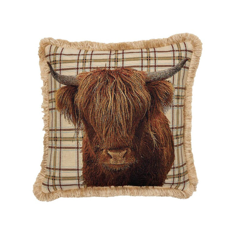 Highland Cow with Fringe Tapestry Cushion with Feather Filler 