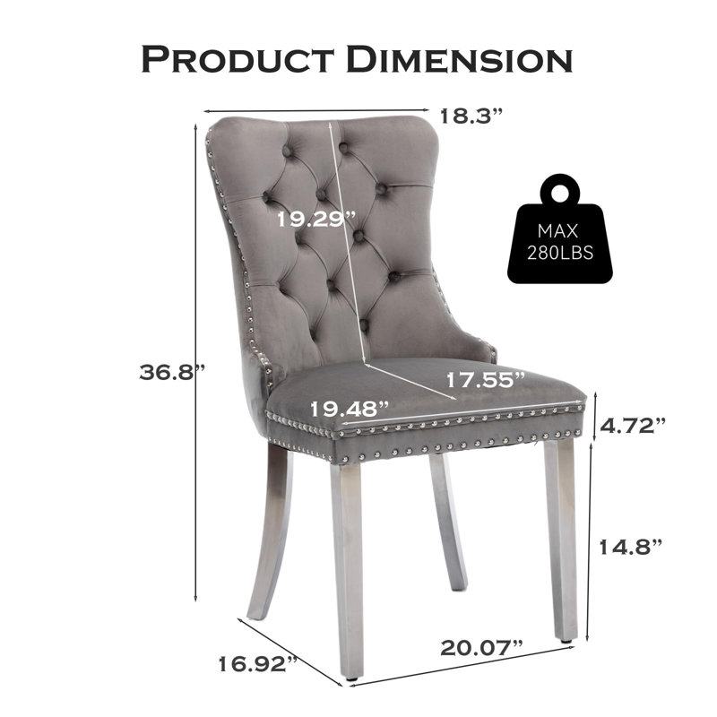 Chaise de salle à manger en velours avec anneau à dossier et pieds en bois massif, 2, Gris, Argent argent