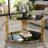Stylish Modern Coffee Table with Asymmetrical Metal Structure, Circular Drum Base, and Lower Shelf for Enhanced Decor and Functionality.-362247087