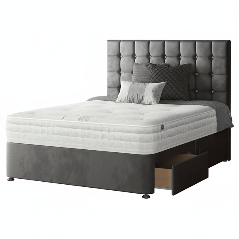 Galarza Divan Bed Base, Double (4'6), Grey, 2 Foot-end Drawers