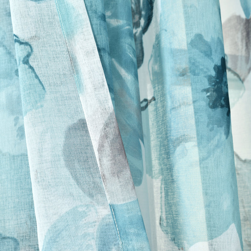 Leah Blue Floral Sheer Polyester Window Curtain Panels
