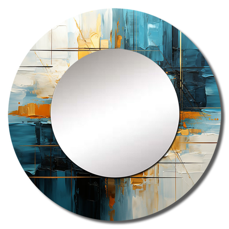 Collage doré abstrait abstrait fractal Reflections II - miroir unique de fractales, grand miroir mural rond doré, impression d'art en métal