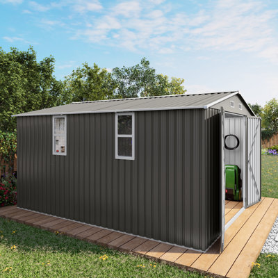 10x12ft Grey Metal Garden Storage Shed With Double Door And Translucent Windows, For Outdoor Use, Ideal Snow , Lawnmower, Bikes Large Vent Waterproof Grill