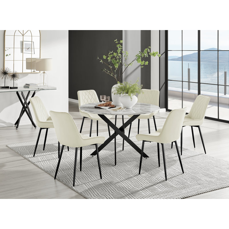 Tierra Modern Chrome Metal & Glass Round Dining Table Set with 6 Luxury Faux Leather Chairs, Cream/Black, 6