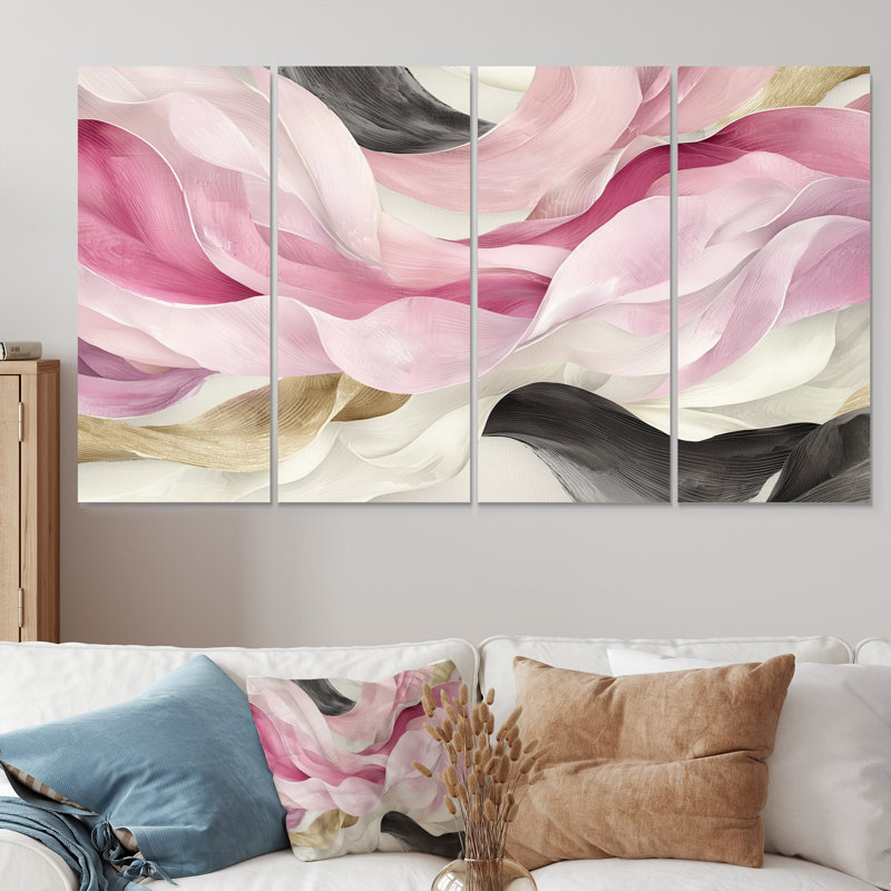 «Rose et blanc captivant marbre III», ensemble de toiles abstraites modernes, H 32 po x l 64 po