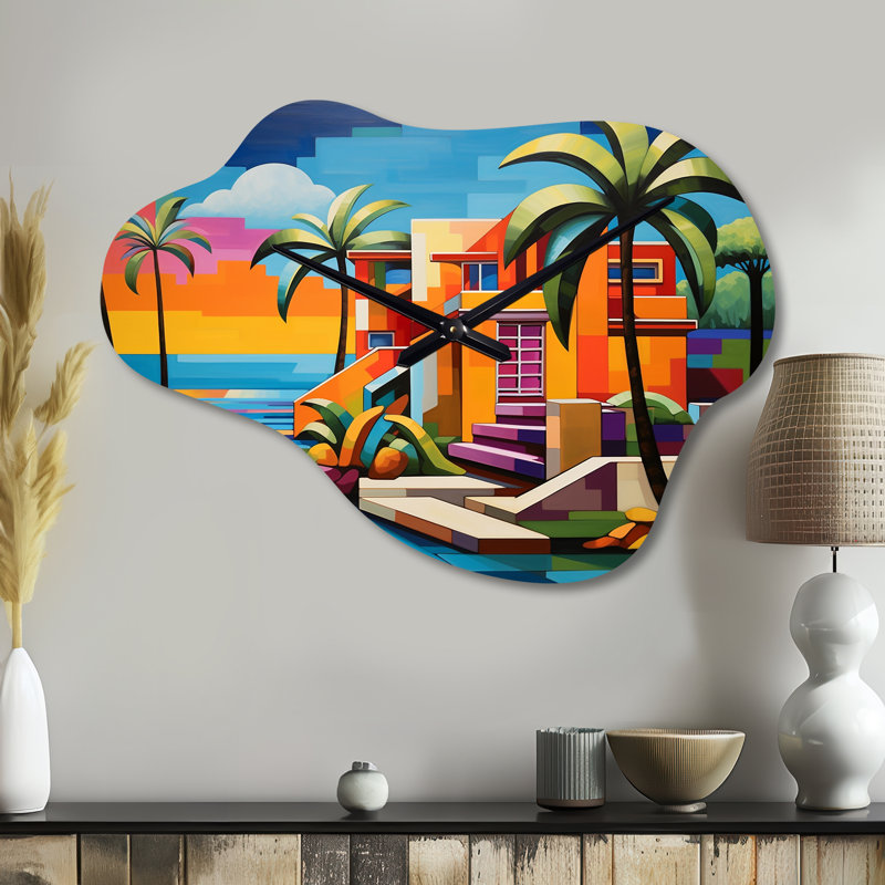 Donta Pop Art Palm Beach en couleur I - horloge murale asymétrique Glam, Grand
