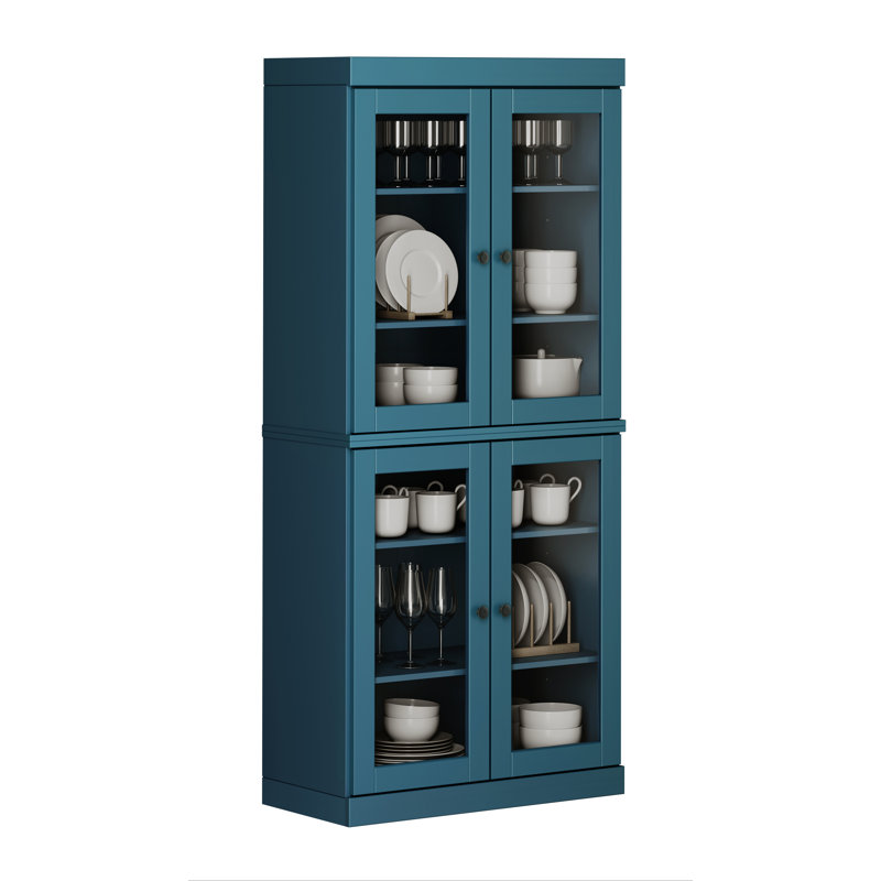 Garde-manger 32 po Kaniesha en bois massif avec portes en verre transparent et tablettes réglables, Sarcelle