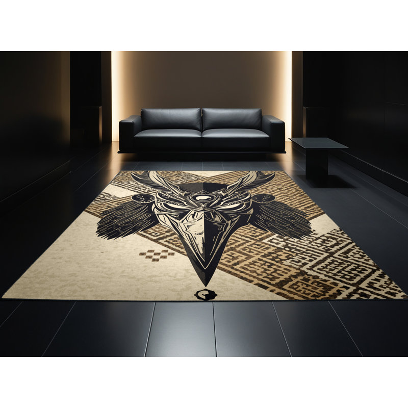 Tapis marocain d'inspiration mondiale Orrville Tengu Warrior Mask lavable à la machine - reliure noire, 4 x 6