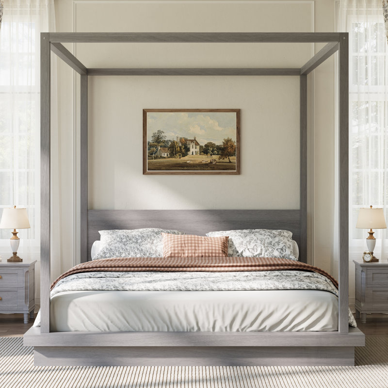 Lit plateforme à baldaquin en bois avec tête de lit, conception intemporelle et fabrication robuste pour les chambres élégantes
