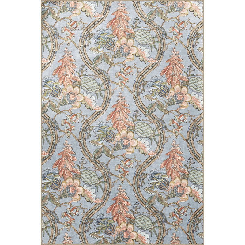 Light Blue Themed Multicolored Ivy And Flower Patterned Modern Decorative Carpet, Round 5'