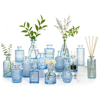 Ensemble de vases en verre 16 pièces, mini vases à fleurs bleues pour centres de table, petits vases rétro pour mariage, décoration intérieure, décoration de table, ensemble de 16