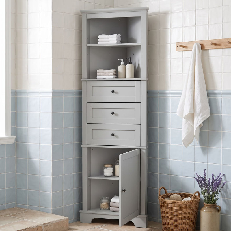 Tall Freestanding Bathroom Corner Cabinet with Adjustable Shelves, Doors and Triangle Drawers, Gray