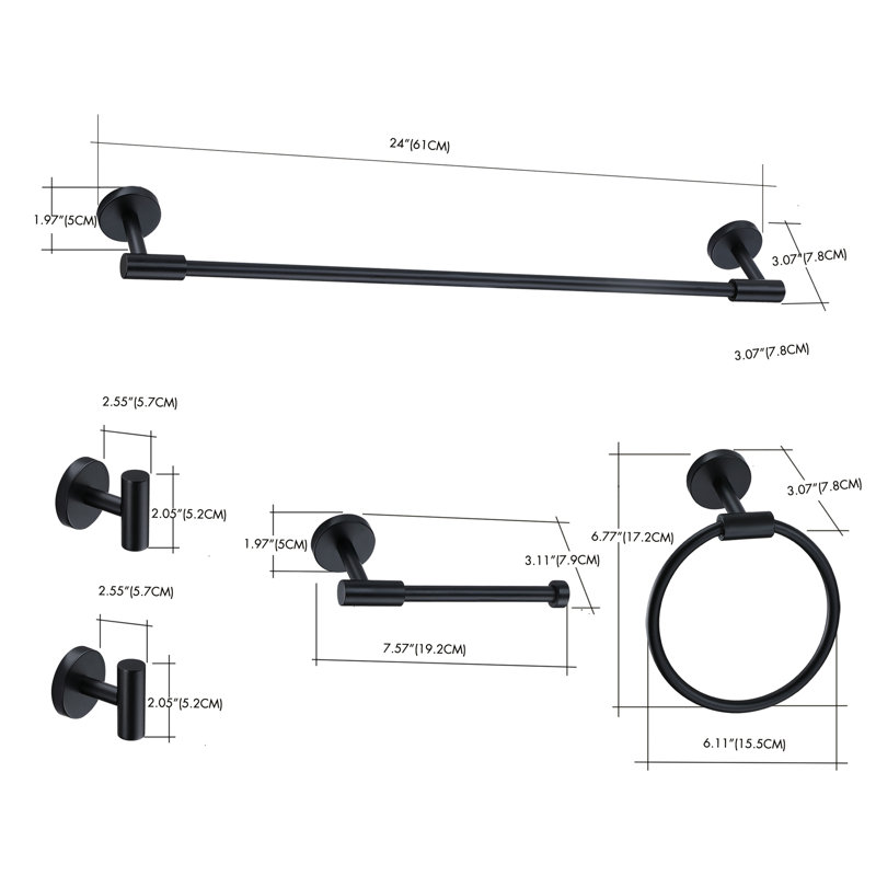 Ensemble d'accessoires de salle de bain 5 pièces, quincaillerie de fixation murale en aluminium et acier inoxydable, Noir mat