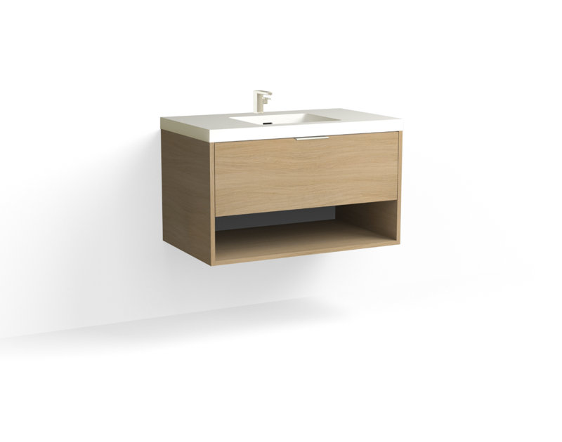 Modo 36" W Wall Mounted Single Bathroom Vanity, Glossy White/Single, Nocino, Polished Nickel