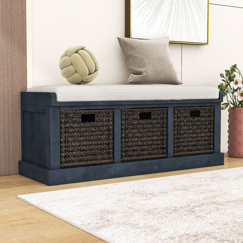 Rustic Storage Bench with 3 Rattan Baskets and Removable Cushion, Antique Navy
