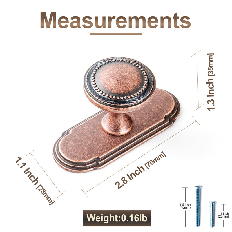 Poignée champignon 1 1/3 po avec contre-plaque (G014), Antique Copper