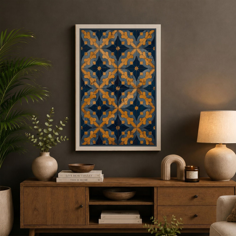 Golden Arabesque Geometric - Wrapped Canvas, 24x16 - 61.0 x 40.6 cm, Teal Border