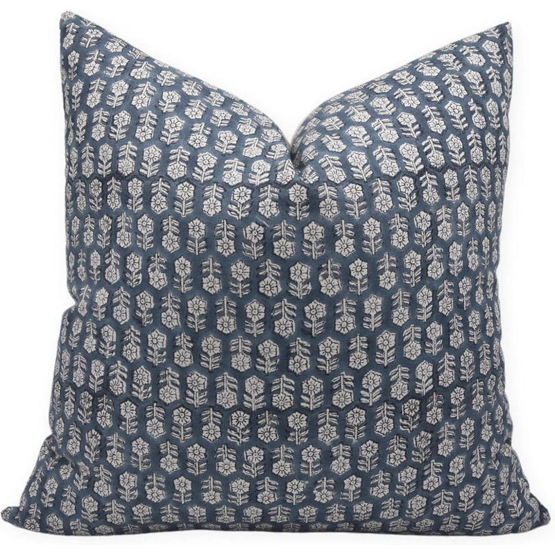 Fabdivine Hand Block Printed Linen Pillow Rustic Floral Cushion for Elegant Décor- Tulsi Buti, 18" x 18"