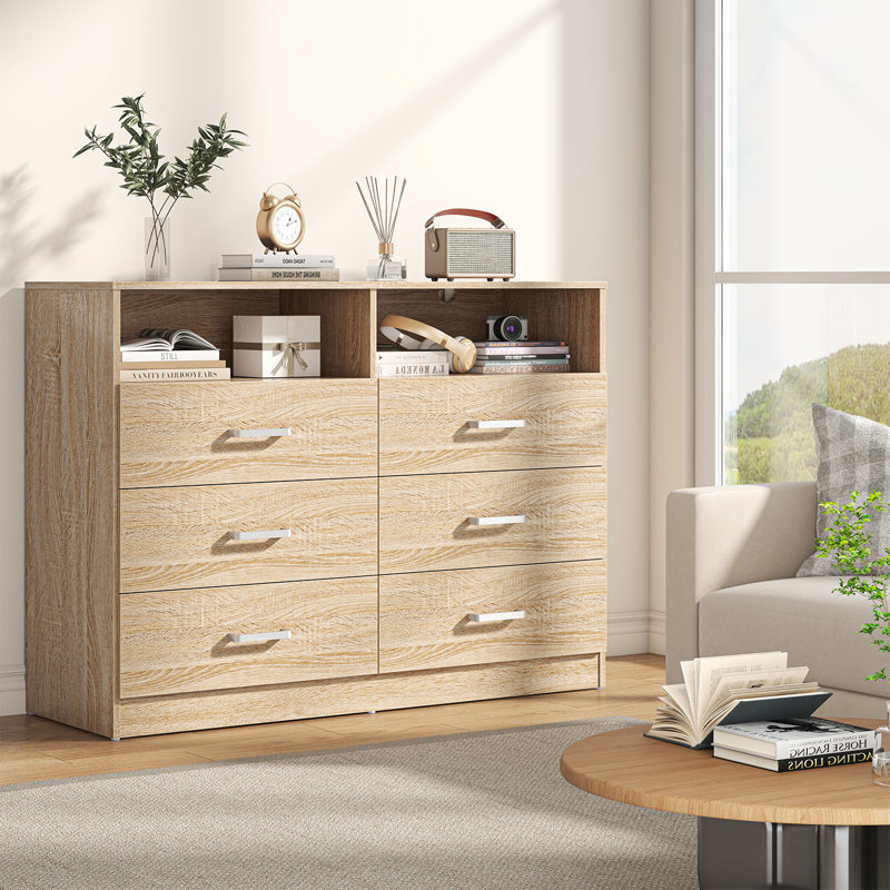 Alcy 6 Drawers Dresser,Modern Storage Tower Dressers and Chests 2 Open Cubby,Large Organizer for Bedroom