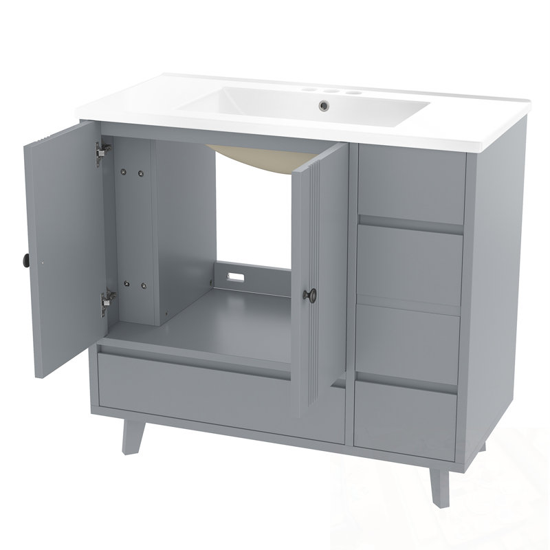 Meuble-lavabo de salle de bain avec lavabo, 4 tiroirs et support de rangement latéral, Gris
