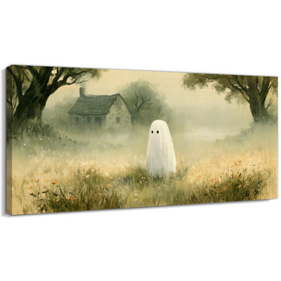 Art mural fantôme sur toile dans un pré brumeux, décor d'Halloween rétro pour salle de bain de chambre à coucher, décor de fantôme mignon pour la maison, prêt à être accroché, toile tendue avec cadre en pin, 24 po x 12 po