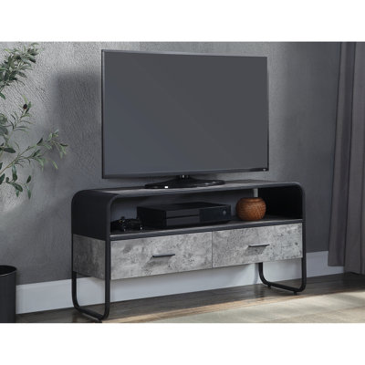 Console de télévision en béton gris et noir avec cadre en métal et compartiment de rangement pour les téléviseurs de 39 po ou moins