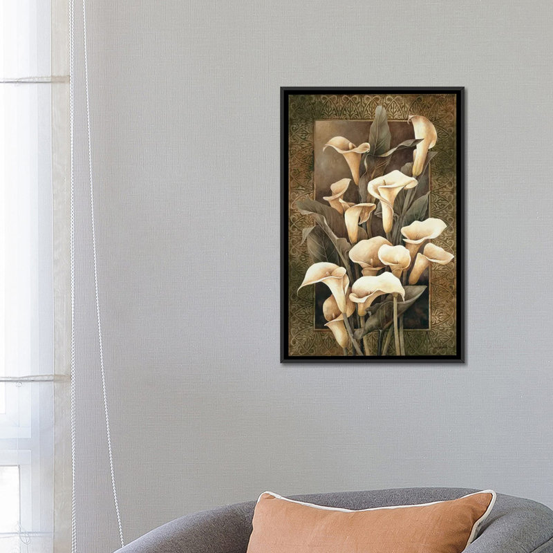 « golden calla lilies », impression sur toile, H 26 po x l 18 po x P 1,5 po, Toile avec cadre noir, Pas de tapis