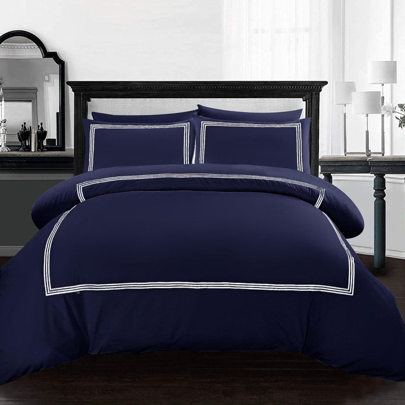 My Home Store Junco Duvet Cover Set Microfiber 3 Piece Luxury Bratta Stitch Duvet Cover Sets With Pillowcase, Navy Blue/White