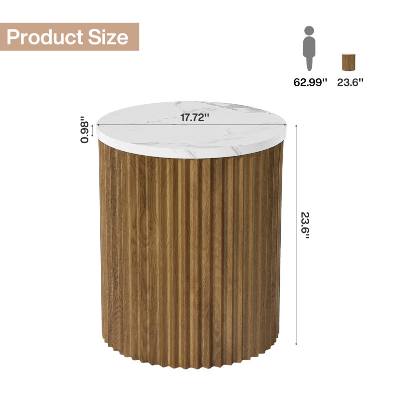 Round Side Table with Faux Marble Tabletop and Fluted Base, 1
