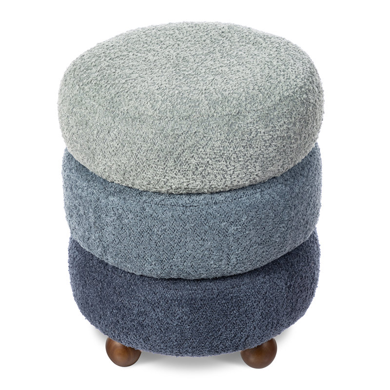 Modern Corrugated Upholstered Storage Ottoman Or Accent Stool With Rubberwood Ball Feet, Blue