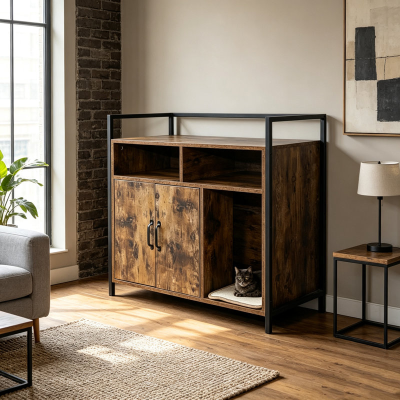 Bac à litière rustique en bois brun de 81 cm avec tapis à griffer, meuble spacieux et discret pour chambre, salle de bain et salon, pouvant supporter jusqu'à 27,7 kg.