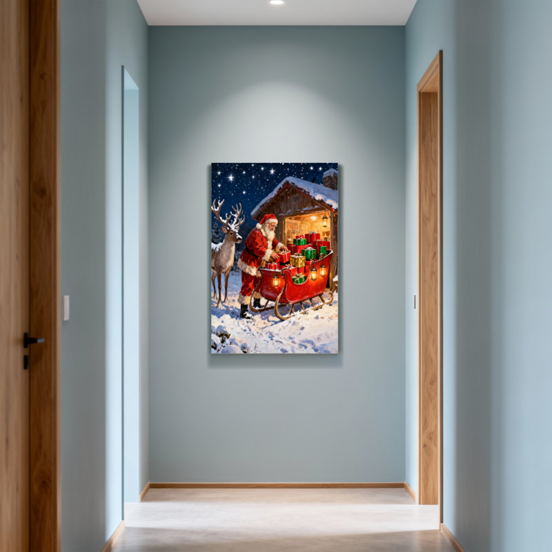 Noël, père Noël, chargement de cadeaux dans un traîneau, H 24 po x l 16 po
