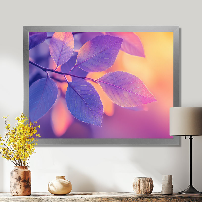 Coucher de soleil coucher de soleil II - feuilles, art mural encadré, H 12 po x l 20 po, Argent argent