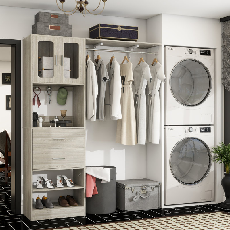 60" Closet System With Visualize Cabinet Door And Wooden Drawers, White Oak