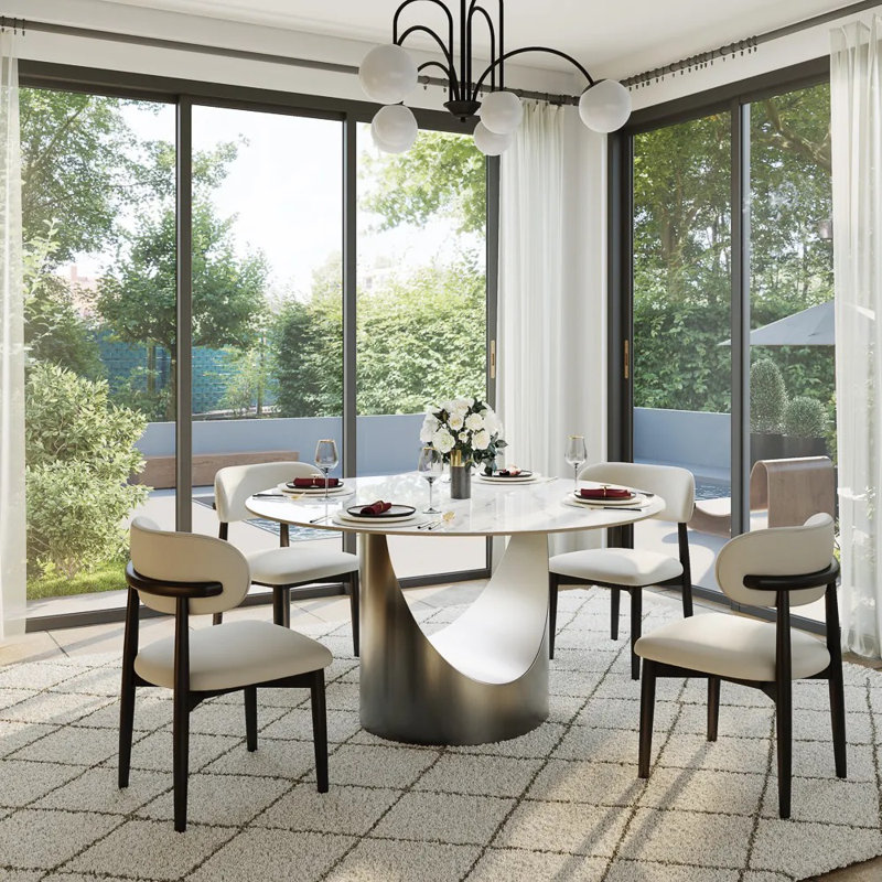 Table de salle à manger moderne en pierre frittée moderne avec base piédestal, H 29,5 po x L 51 po x l 51 po, Blanc mat, Gris