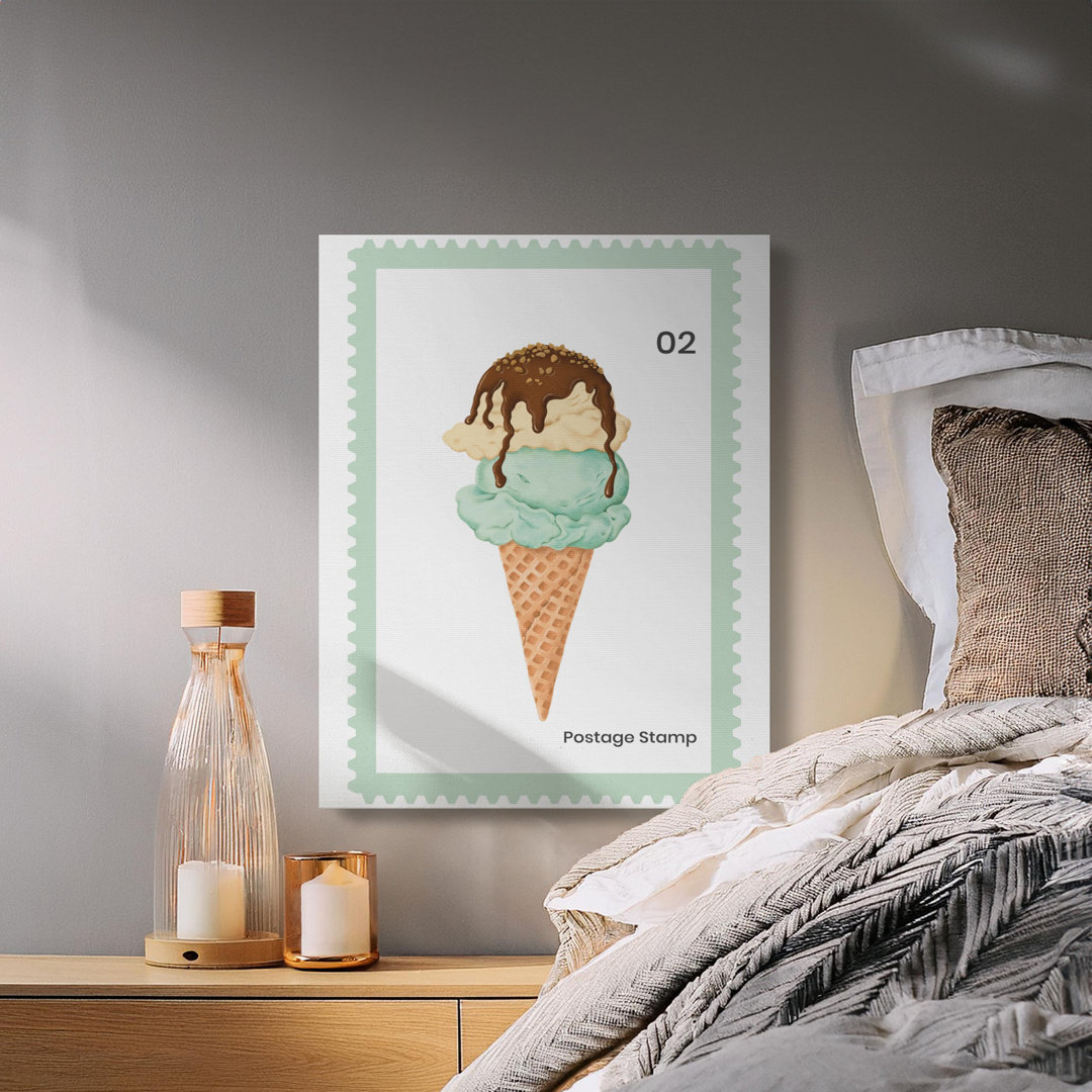 Ice Cream Cone Postage Stamp Canvas Wall Art, Dessert Kitchen Decor, Gallery Wrapped, Ready to Hang, Archival Quality Print
